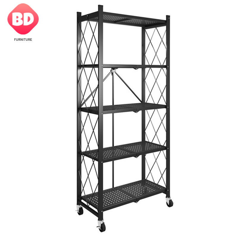5 Tier -Metall -Faltbarlager -Rack mit Rädern, Metallregal -Organizer -Display -Rack für Balkonküche, schlanker Speicherregal